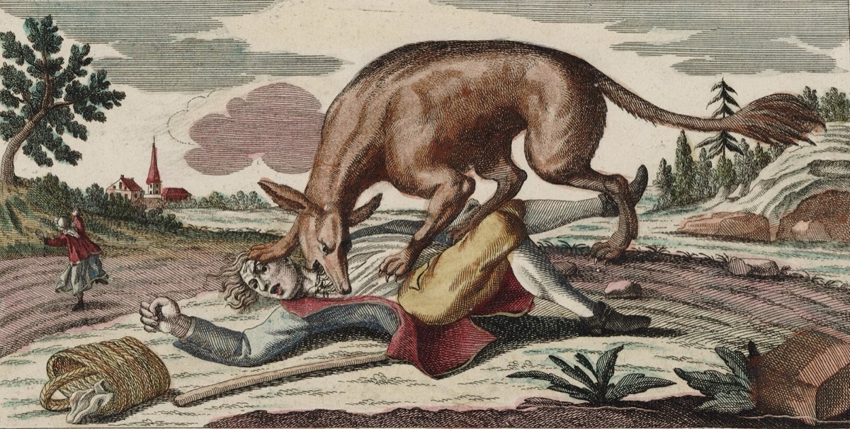 Gravura de 1764 da Besta de Gévaudan atacando uma camponesa
