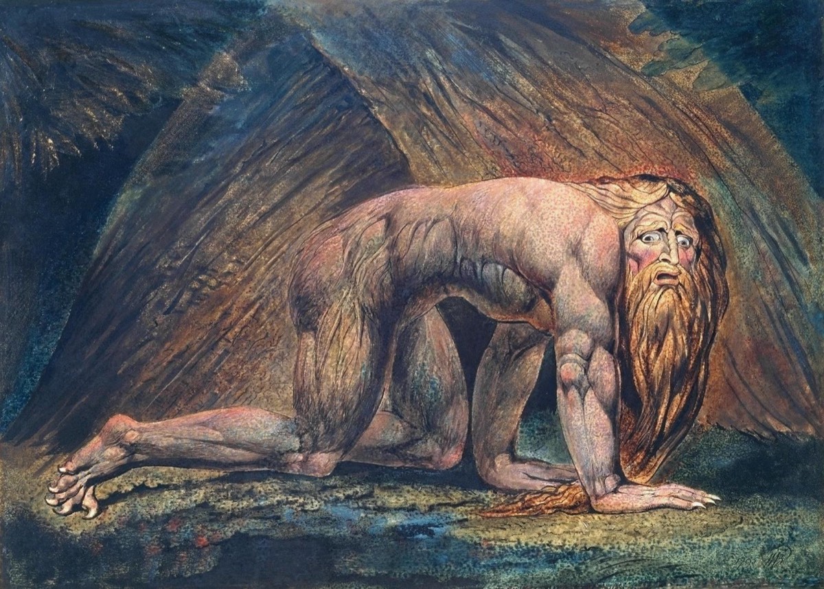 Nabucodonosor, de William Blake (1795): o rei enlouquecido rastejando como fera, imagem clássica da licantropia clínica