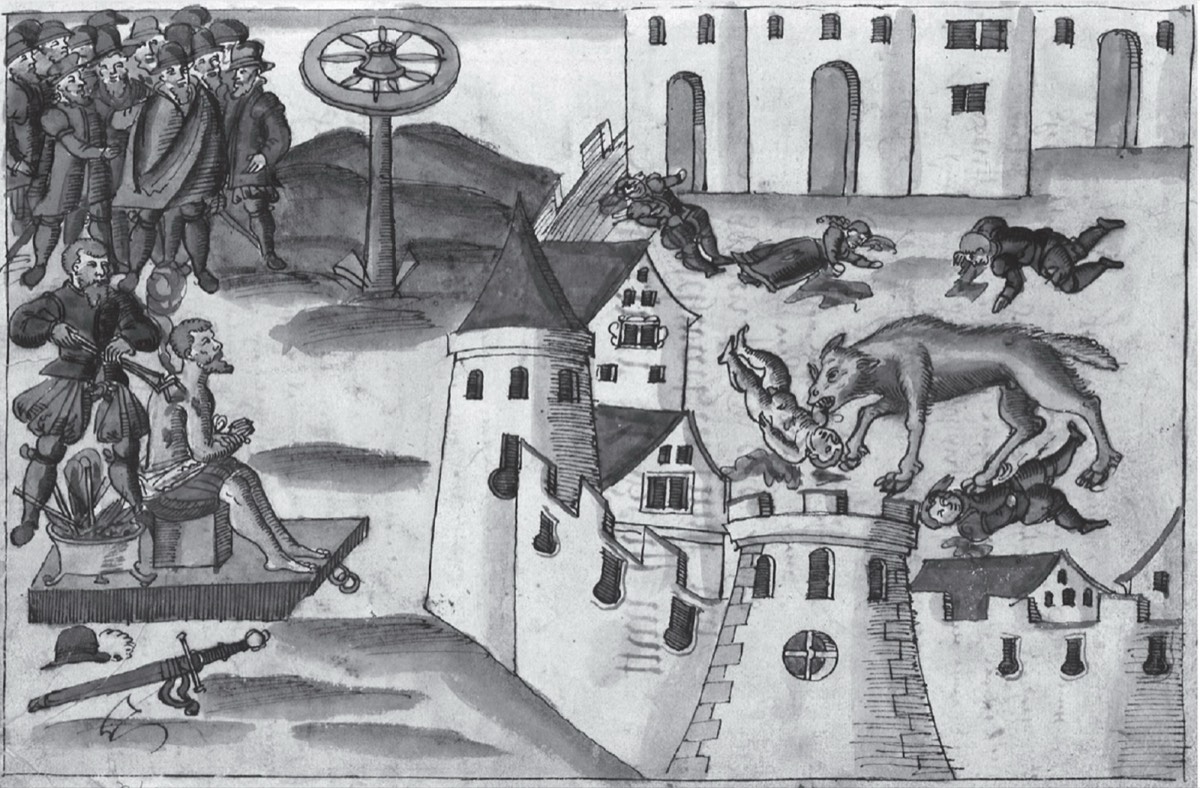 Gravura de 1580 de um lobisomem em Genebra, contemporânea ao caso Gilles Garnier